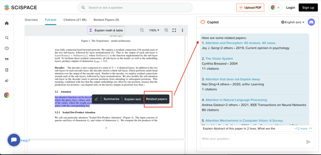 SciSpace related papers panel showing paper recommendations from highlighted text.