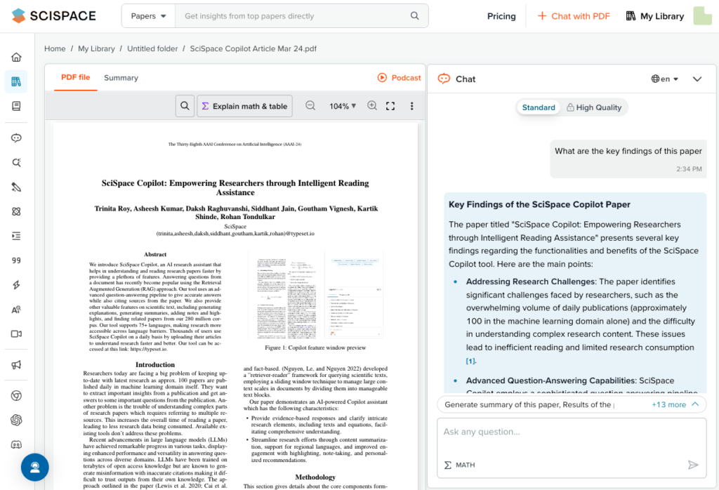SciSpace Chat with PDF showing a research paper and AI-generated explanation
