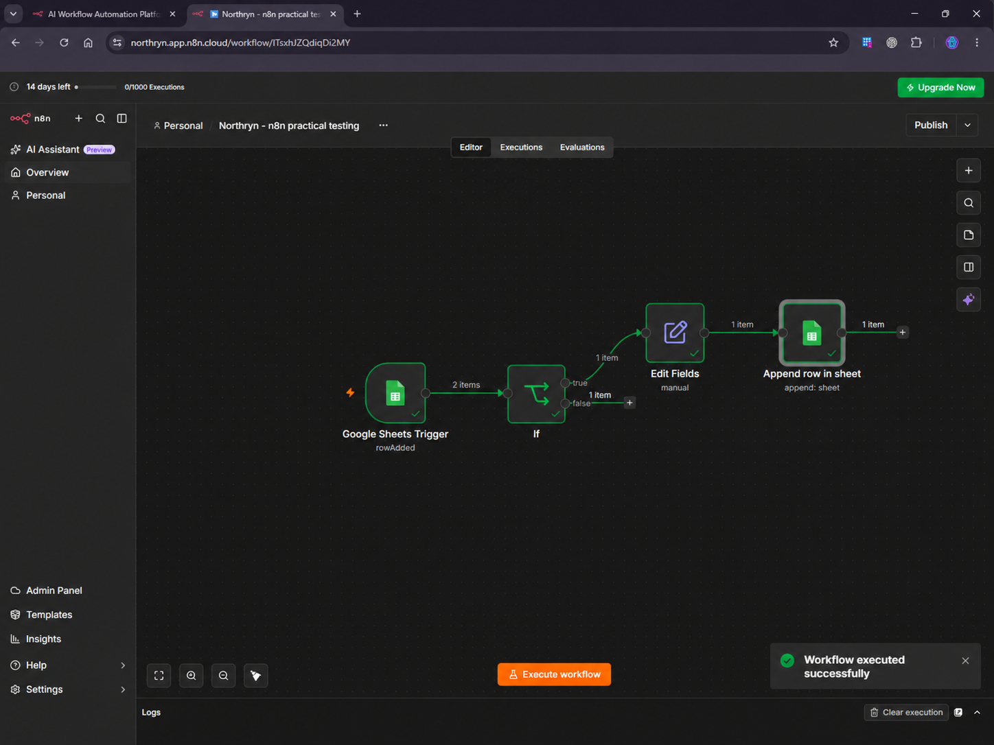 n8n positive workflow execution showing Google Sheets automation success