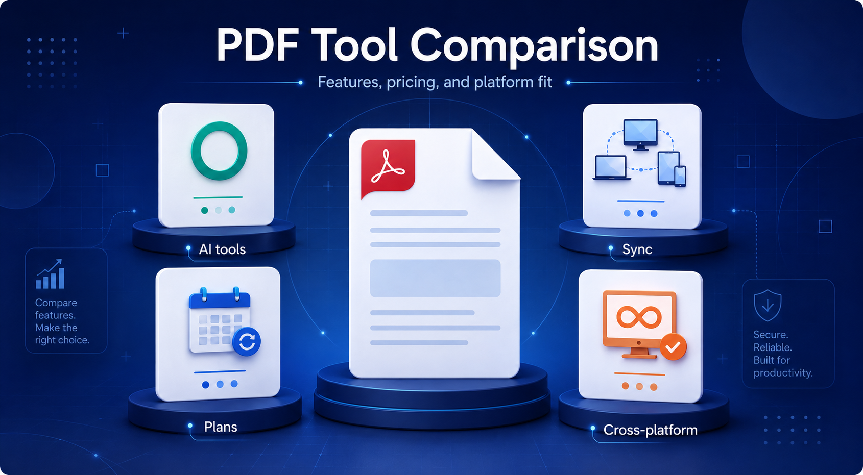 Illustration comparing PDF tools, showing AI tools, pricing, sync, and cross-platform features around a central PDF document.