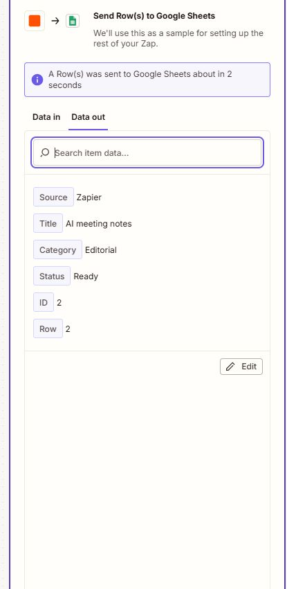 Zapier Google Sheets test output showing the created row and ID