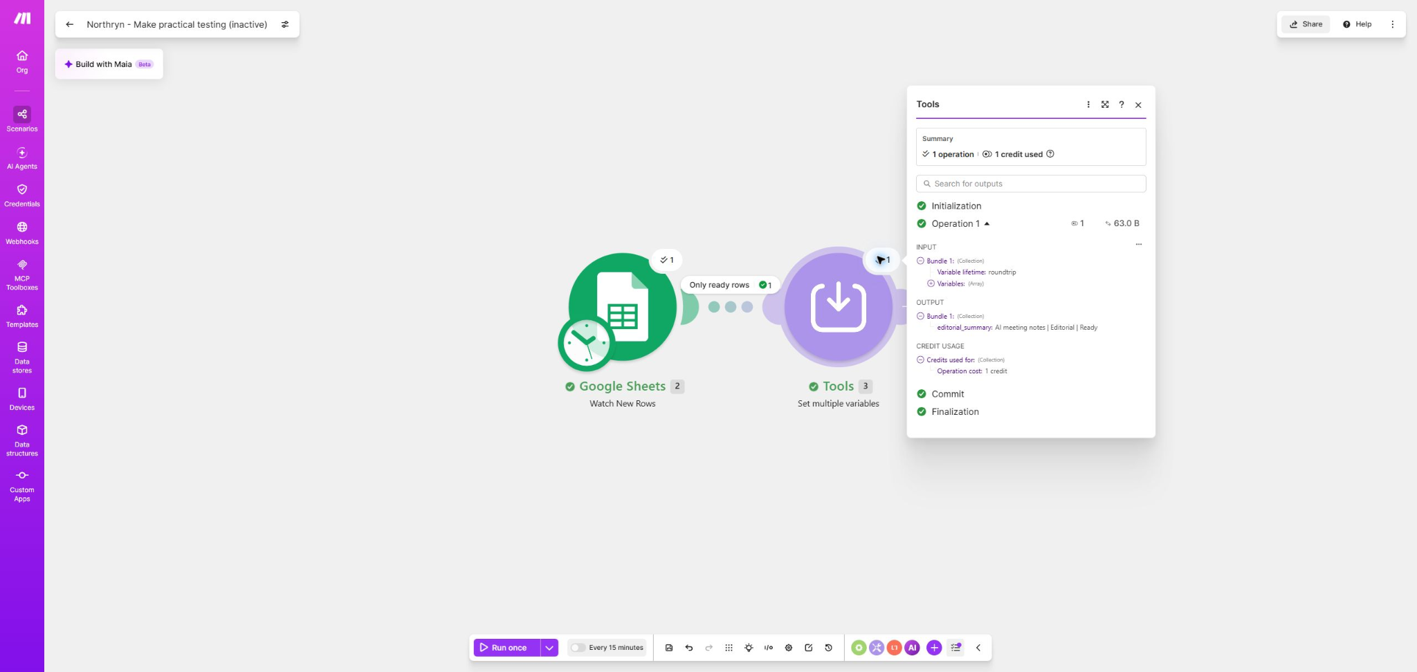 Make workflow test showing mapped output and credit usage