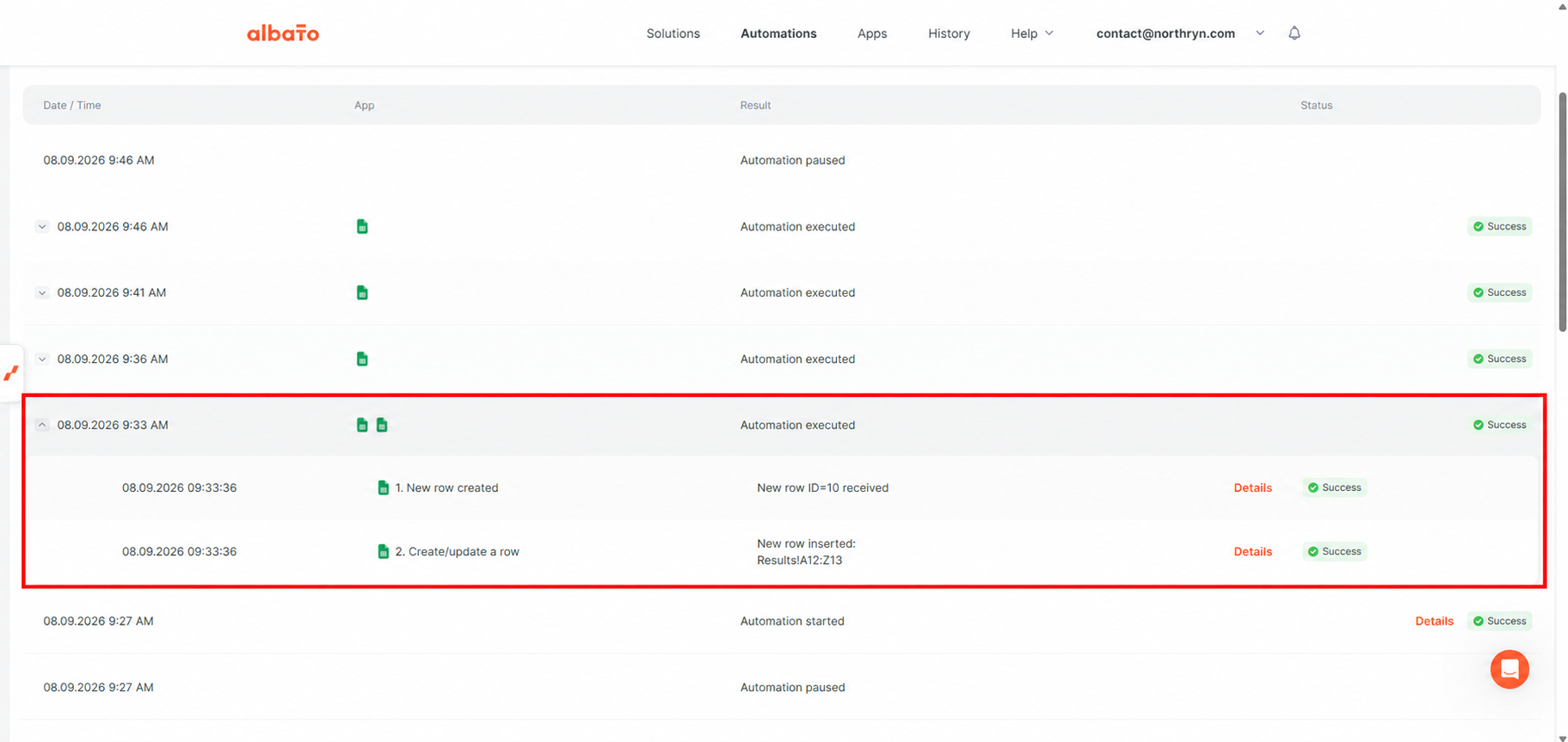 Albato History showing a successful automation execution with the trigger and output action completed successfully