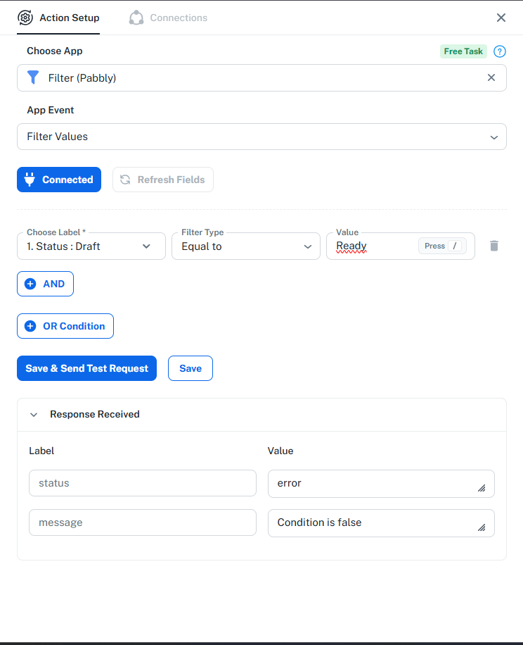 Pabbly Connect filter blocking a Draft row because the Ready condition is false