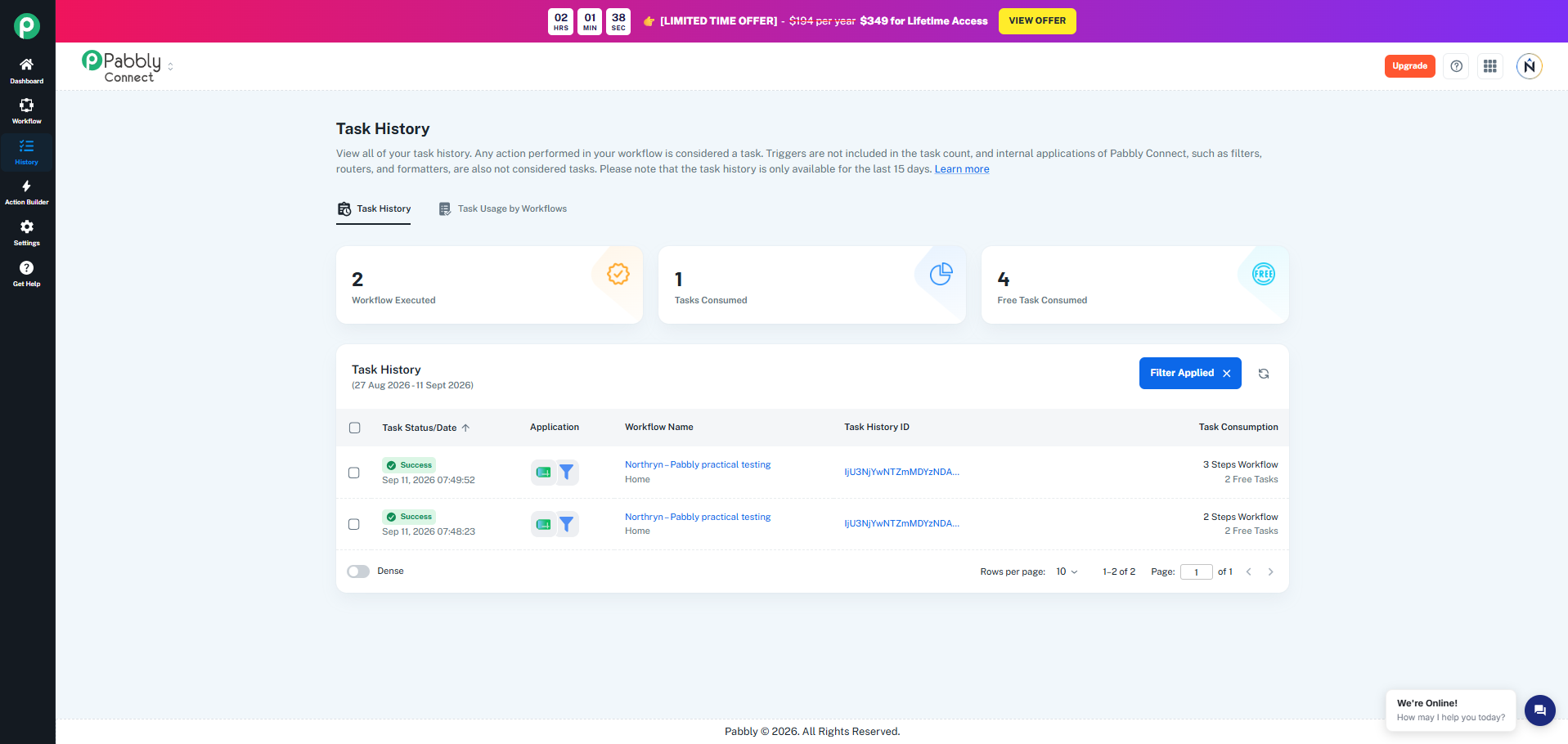Pabbly Connect Task History showing two workflow executions, one consumed task and four free tasks